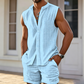 👕 50 % DE RÉDUCTION! 🌴 Ensemble homme composé d’un haut sans manches boutonné et d’un short – Motif texturé, léger, idéal pour les vacances ✨