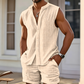 👕 50 % DE RÉDUCTION! 🌴 Ensemble homme composé d’un haut sans manches boutonné et d’un short – Motif texturé, léger, idéal pour les vacances ✨