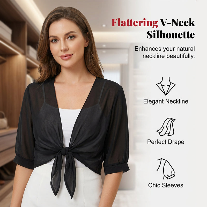 🦋🍃 PROMO LIMITÉE 50% ! Top/Blouse Femme en Chiffon Transparent à Nœud Devant – Coupe Courte, Décolleté en V, Style Romantique & Élégant, Parfait pour Superposition 🍷