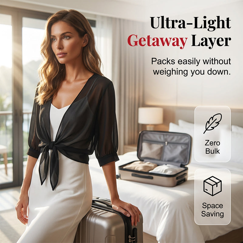 🦋🍃 PROMO LIMITÉE 50% ! Top/Blouse Femme en Chiffon Transparent à Nœud Devant – Coupe Courte, Décolleté en V, Style Romantique & Élégant, Parfait pour Superposition 🍷