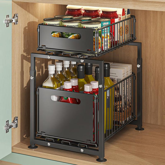 💪🥫 PROMO FLASH 50% ! Étagère Double Coulissante Organisateur de Placard – 5 Hauteurs Réglables, 2 Plateaux, Acier Carbone, Grande Capacité, Sans Installation ✨