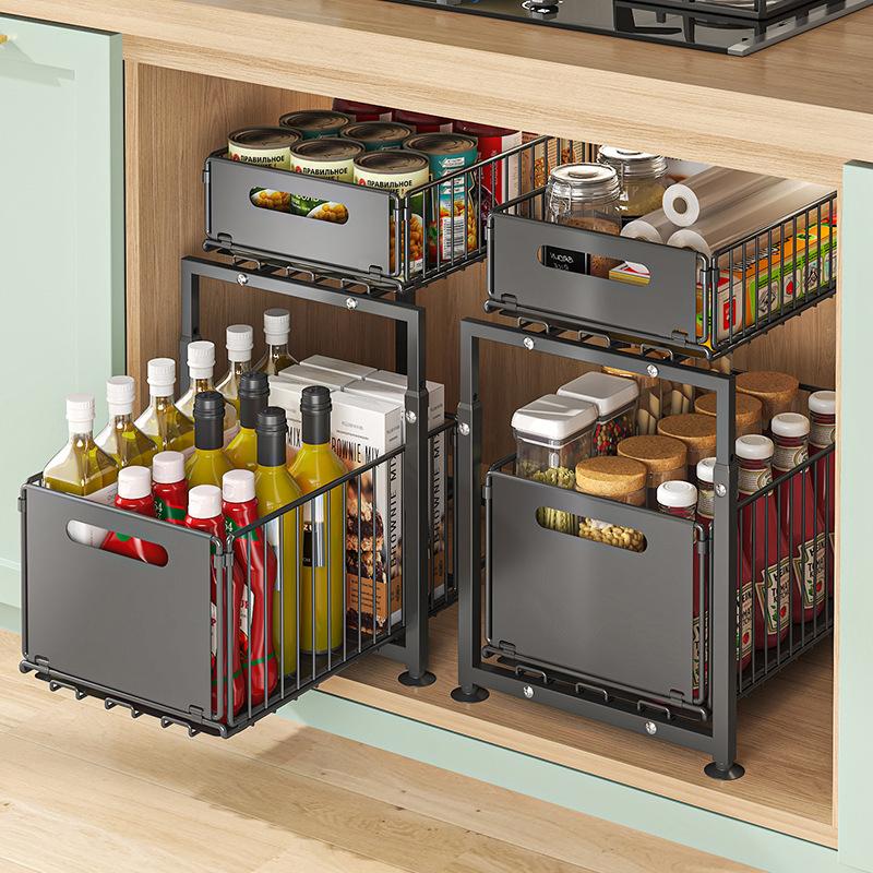 💪🥫 PROMO FLASH 50% ! Étagère Double Coulissante Organisateur de Placard – 5 Hauteurs Réglables, 2 Plateaux, Acier Carbone, Grande Capacité, Sans Installation ✨
