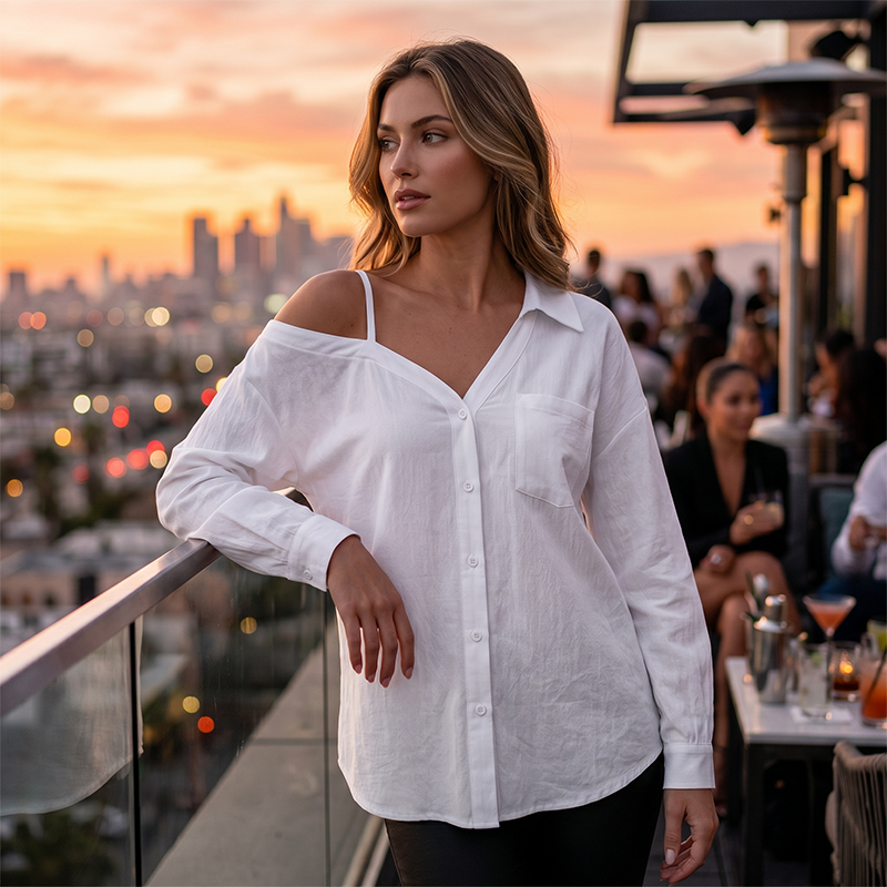 👚 50 % DE RÉDUCTION ! ✨ Chemise à boutons pour femme, épaules dénudées – Asymétrique, tissu froissé et manches longues – Aérée, décontractée et chic 💫