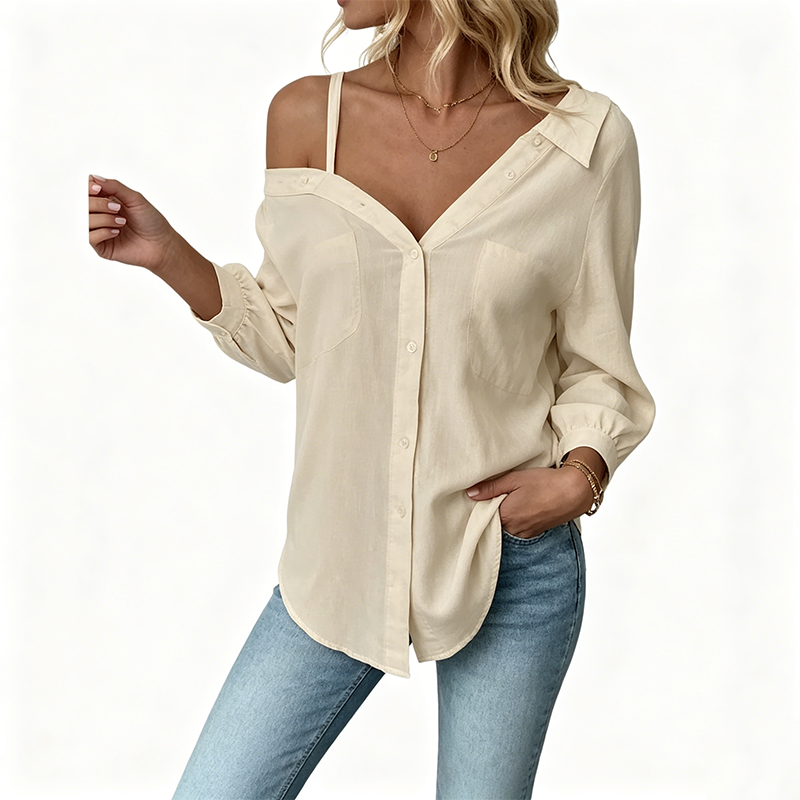 👚 50 % DE RÉDUCTION ! ✨ Chemise à boutons pour femme, épaules dénudées – Asymétrique, tissu froissé et manches longues – Aérée, décontractée et chic 💫