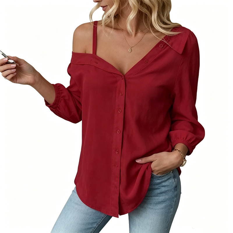 👚 50 % DE RÉDUCTION ! ✨ Chemise à boutons pour femme, épaules dénudées – Asymétrique, tissu froissé et manches longues – Aérée, décontractée et chic 💫
