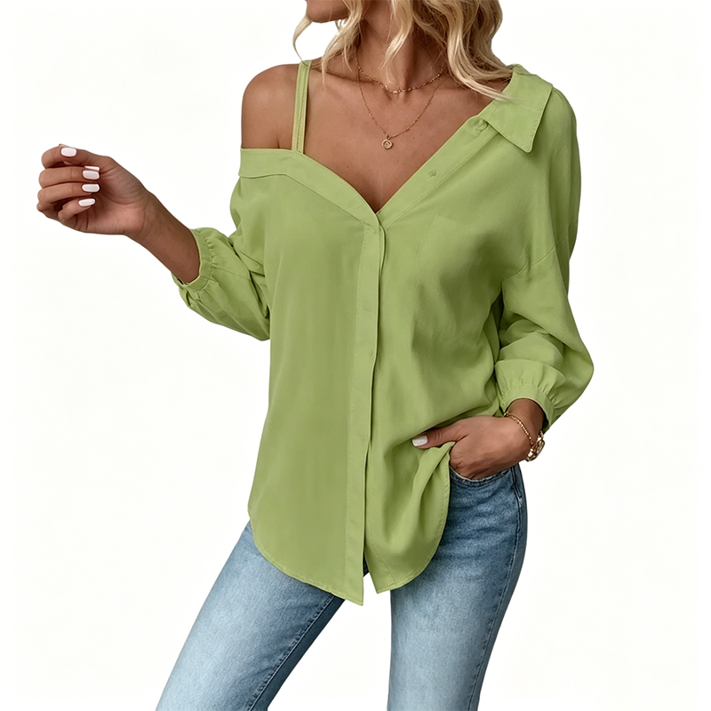 👚 50 % DE RÉDUCTION ! ✨ Chemise à boutons pour femme, épaules dénudées – Asymétrique, tissu froissé et manches longues – Aérée, décontractée et chic 💫