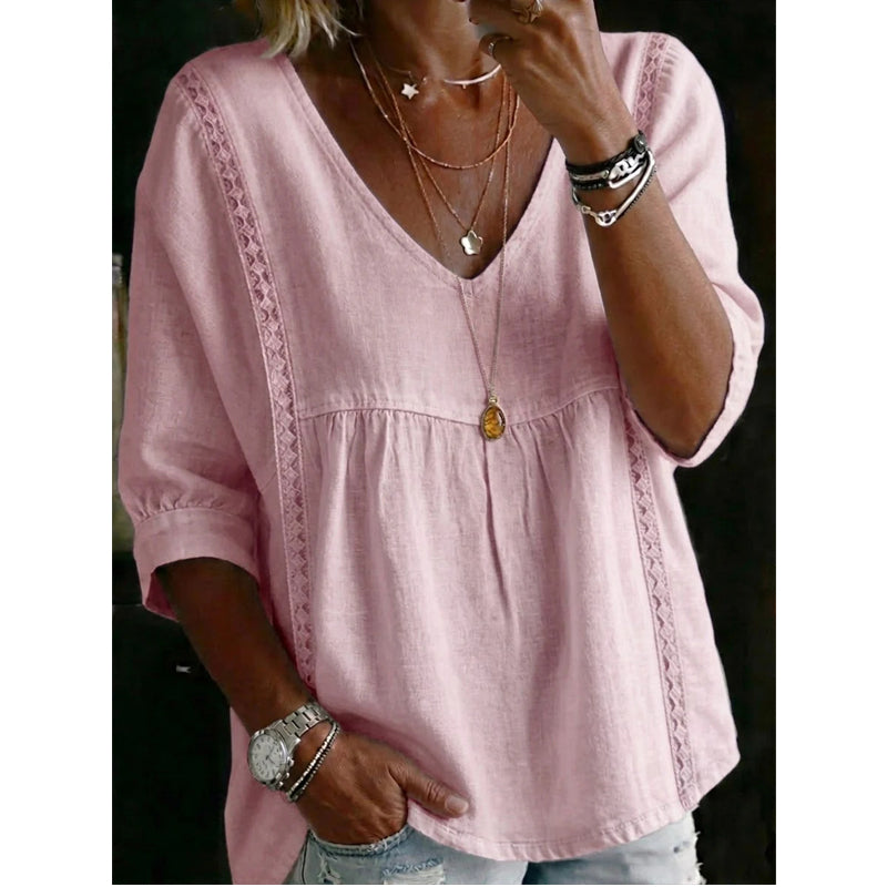 👚PROMO LIMITÉE 50% DE RÉDUCTION✨Haut Femme Encolure V & Dentelle – Taille Empire, Manches 3/4, Léger🌸