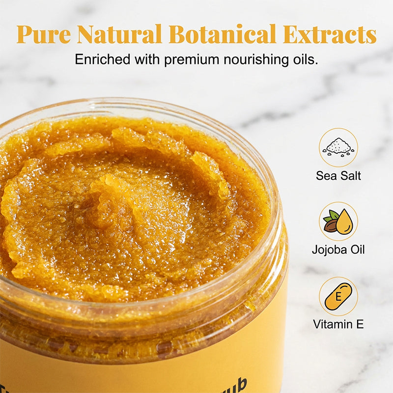 🛁 50 % DE RÉDUCTION 🧴 Gommage corporel éclaircissant au curcuma | Exfoliation au sel marin naturel · Nourrissant à l'huile de jojoba · Atténue le teint terne · Utilisable sur le visage et le corps