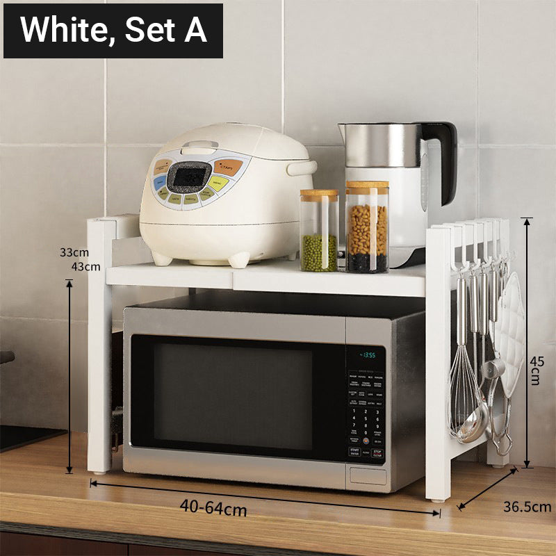 🧰 50 % DE RÉDUCTION ! 🍳 Étagère extensible pour micro-ondes – Réglable, capacité de charge de 75 kg et équipée de crochets – Idéale pour la cuisine, le garde-manger et l'atelier 🏠