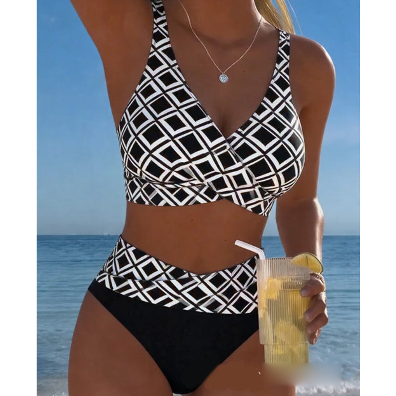 👙 50% DE RÉDUCTION 💐 Bikini deux pièces taille haute – Col V, motif géométrique & extensible – Séchage rapide, parfait pour la plage ou la piscine – confortable et tendance 🌊✨