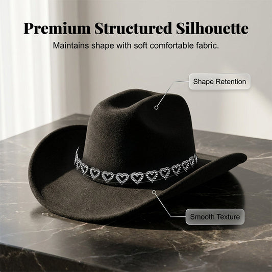 🤠 PROMO LIMITÉE 50% DE RÉDUCTION ! 💥 Chapeau Cowboy Strass Cœur Femme – Scintillant, Accents Cœur, Festival Prêt ✨