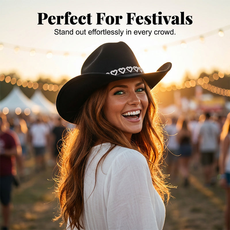 🤠 PROMO LIMITÉE 50% DE RÉDUCTION ! 💥 Chapeau Cowboy Strass Cœur Femme – Scintillant, Accents Cœur, Festival Prêt ✨