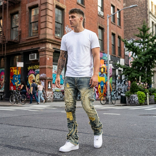 👖 50 % DE RÉDUCTION ! ✨ Jean classique stretch à jambes évasées pour homme – Délavage vintage et détails patchwork – Denim de haute qualité, idéal pour un style chic et décontracté – Confortable et élégant 🔥