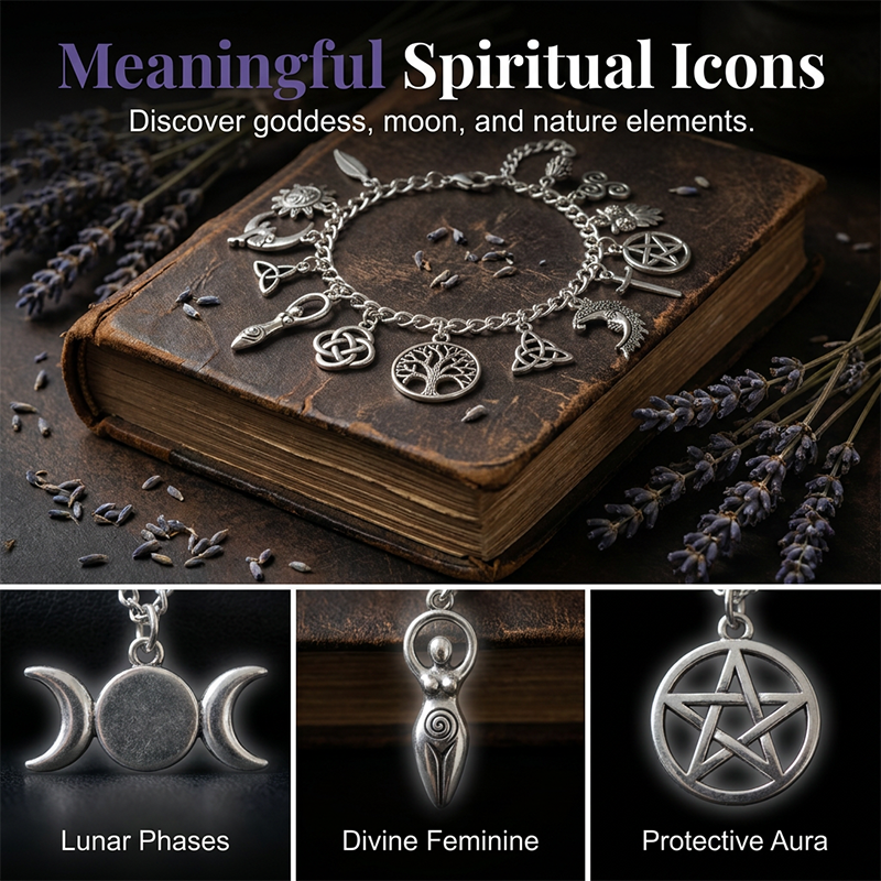 ✨50 % DE RÉDUCTION📿 Bracelet rétro païen | Pendentif aux symboles wiccan · Métal vintage · Polyvalent au quotidien · Signification spirituelle | À porter au quotidien