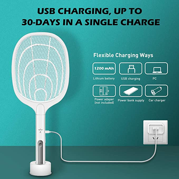 🔦 Raquette anti-moustiques 2-en-1 | ·Haute tension 3 000 V·Socle sans prise en main | Maison/Cuisine/Terrasse/Camping