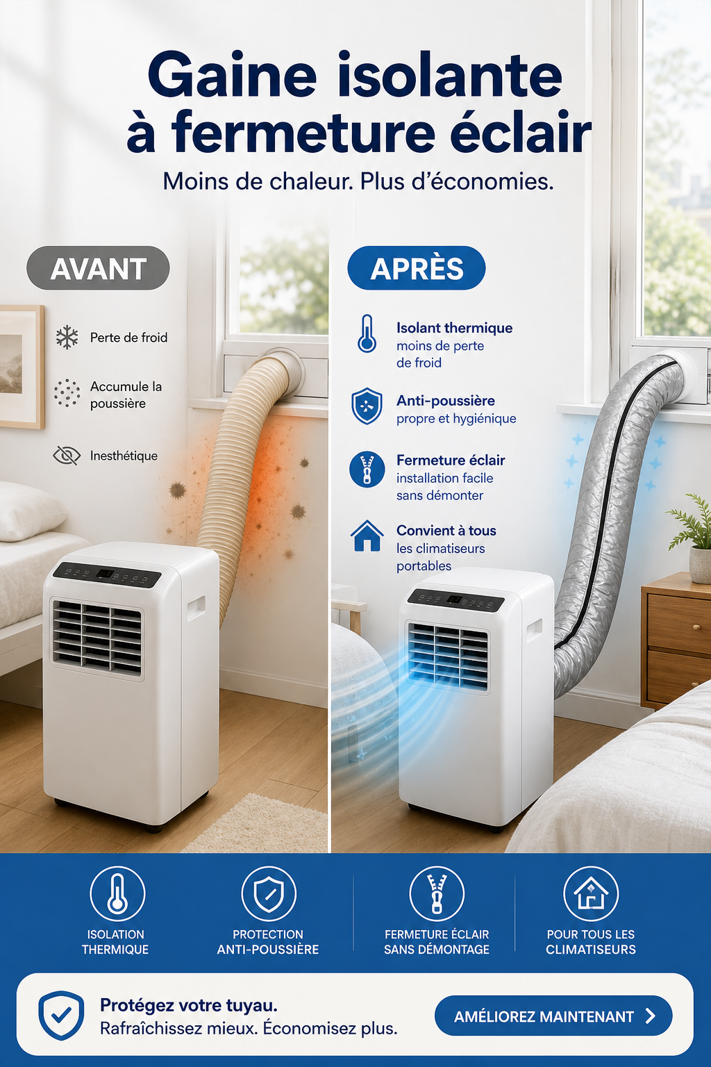 ❄️ 50 % DE RÉDUCTION – Manchon isolant pour tuyau de climatisation – réduit les pertes de chaleur – diminue la consommation d'électricité – pour l'été comme pour l'hiver