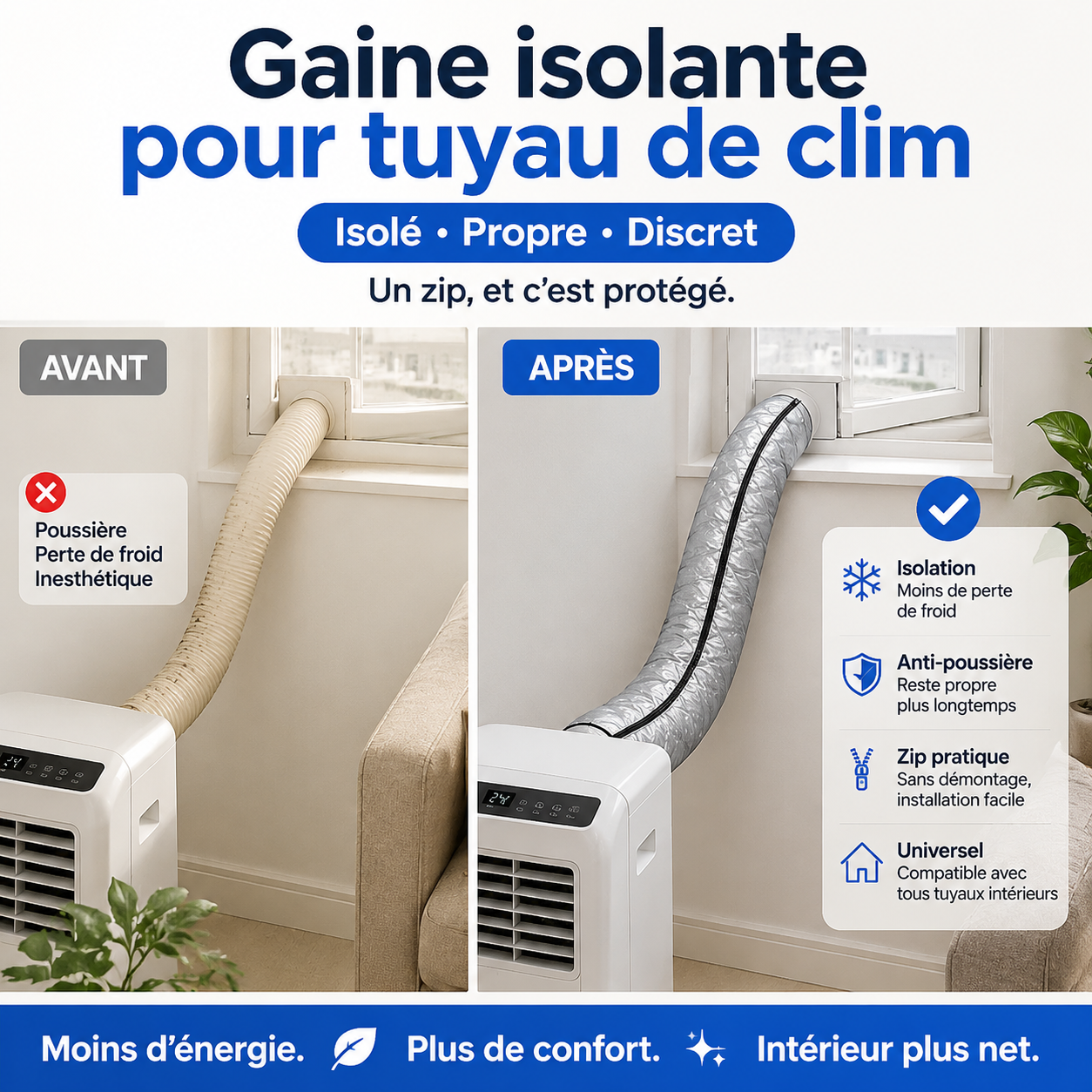 ❄️ 50 % DE RÉDUCTION – Manchon isolant pour tuyau de climatisation – réduit les pertes de chaleur – diminue la consommation d'électricité – pour l'été comme pour l'hiver