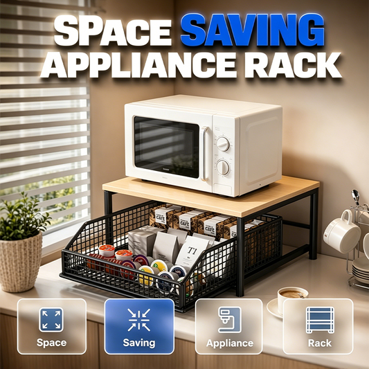 📢📢50% DE RÉDUCTION⏰ Support Micro-Ondes 2 niveaux avec tiroir coulissant – Gain de place, étagère surélevée & panier intégré – Idéal pour cuisine, café & dortoir ✨