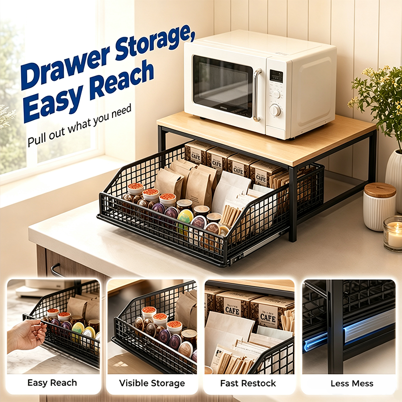 📢📢50% DE RÉDUCTION⏰ Support Micro-Ondes 2 niveaux avec tiroir coulissant – Gain de place, étagère surélevée & panier intégré – Idéal pour cuisine, café & dortoir ✨