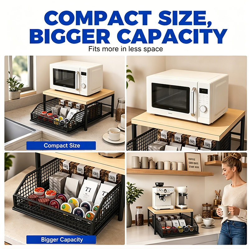 📢📢50% DE RÉDUCTION⏰ Support Micro-Ondes 2 niveaux avec tiroir coulissant – Gain de place, étagère surélevée & panier intégré – Idéal pour cuisine, café & dortoir ✨