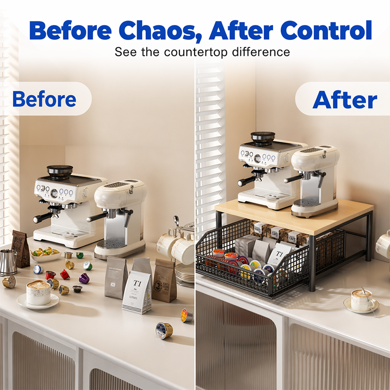 📢📢50% DE RÉDUCTION⏰ Support Micro-Ondes 2 niveaux avec tiroir coulissant – Gain de place, étagère surélevée & panier intégré – Idéal pour cuisine, café & dortoir ✨