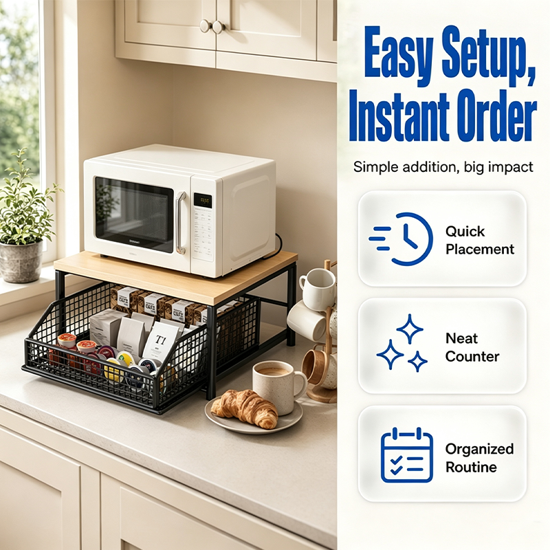 📢📢50% DE RÉDUCTION⏰ Support Micro-Ondes 2 niveaux avec tiroir coulissant – Gain de place, étagère surélevée & panier intégré – Idéal pour cuisine, café & dortoir ✨