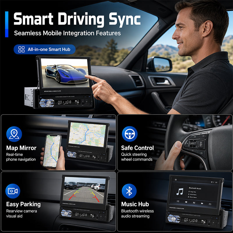 📻 Autoradio à écran tactile | Écran tactile 7 pouces · Mains libres Bluetooth · USB/SD/AUX · Caméra de recul