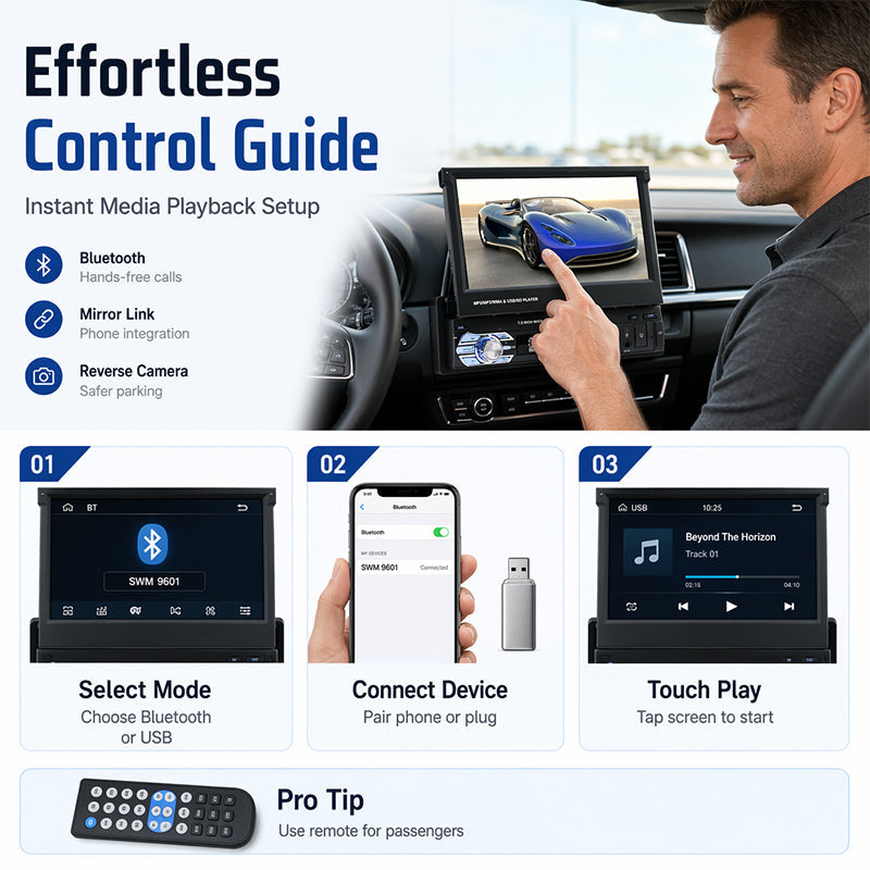 📻 Autoradio à écran tactile | Écran tactile 7 pouces · Mains libres Bluetooth · USB/SD/AUX · Caméra de recul