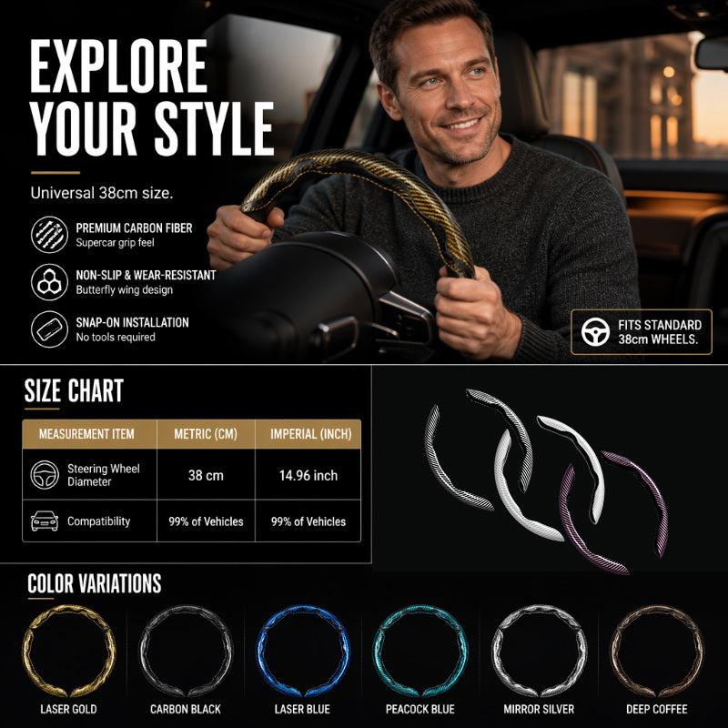🏎️ 50% RABATT! 🎮 Universellt rattöverdrag i kolfiber – ergonomisk fjärilsdesign, halkskyddad och snabbmonterad – för bättre grepp och kontroll 🏁