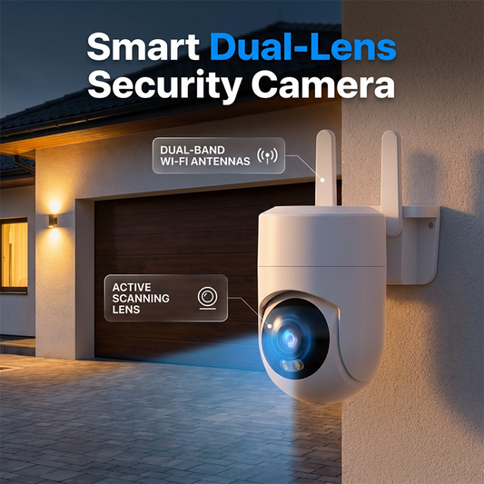 📹 Caméra de sécurité intelligente à double objectif | Détection précise des personnes · Vue panoramique à 360° · Indice de protection IP66 (résistante aux intempéries)