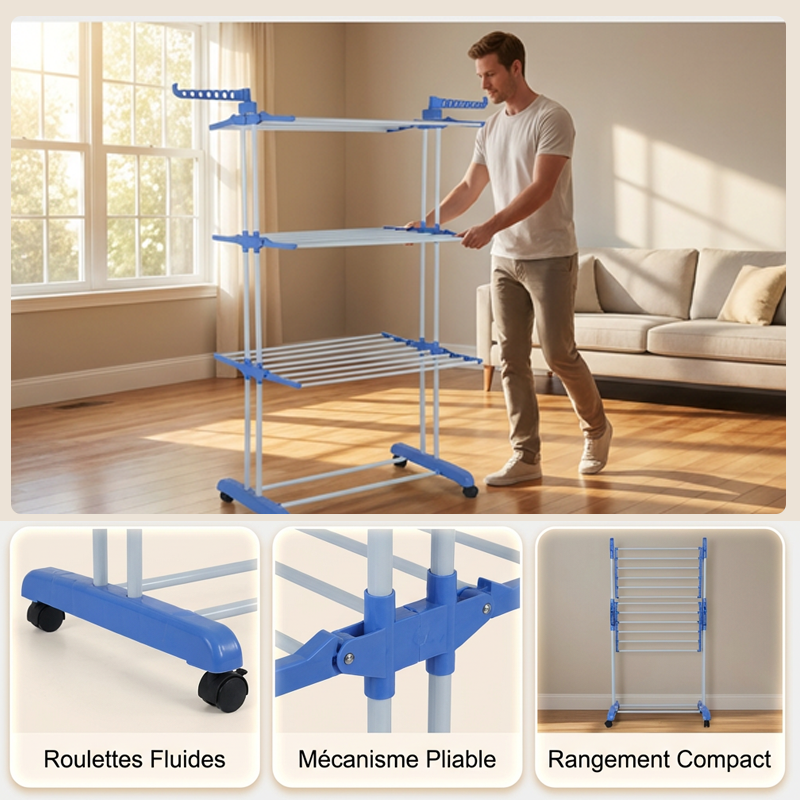 🧺 50% DE RÉDUCTION ! 🛞 Séchoir à Linge Pliable sur Roues – Tube Acier Revêtu – 3 Niveaux & Mobilité 360° for Maison