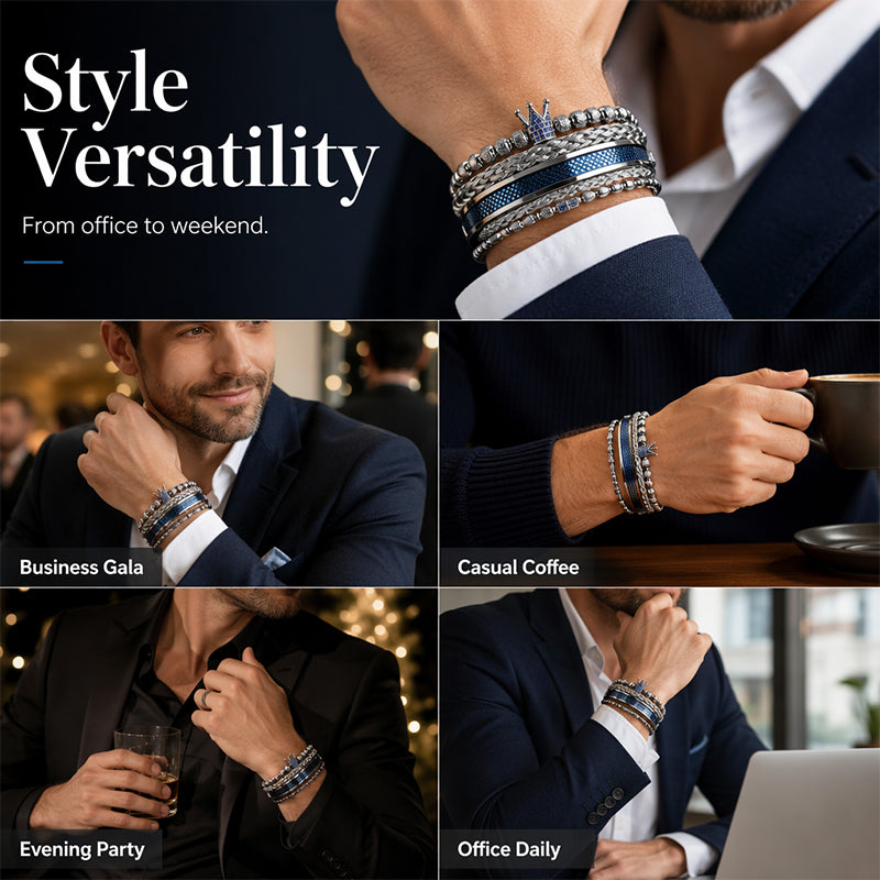 👑 50% DE RÉDUCTION ! 💎 Coffret 3 Bracelets Homme Design Couronne – Acier Inoxydable & Zircon AAA – PVD & Réglable 17–21 cm for Look Luxueux