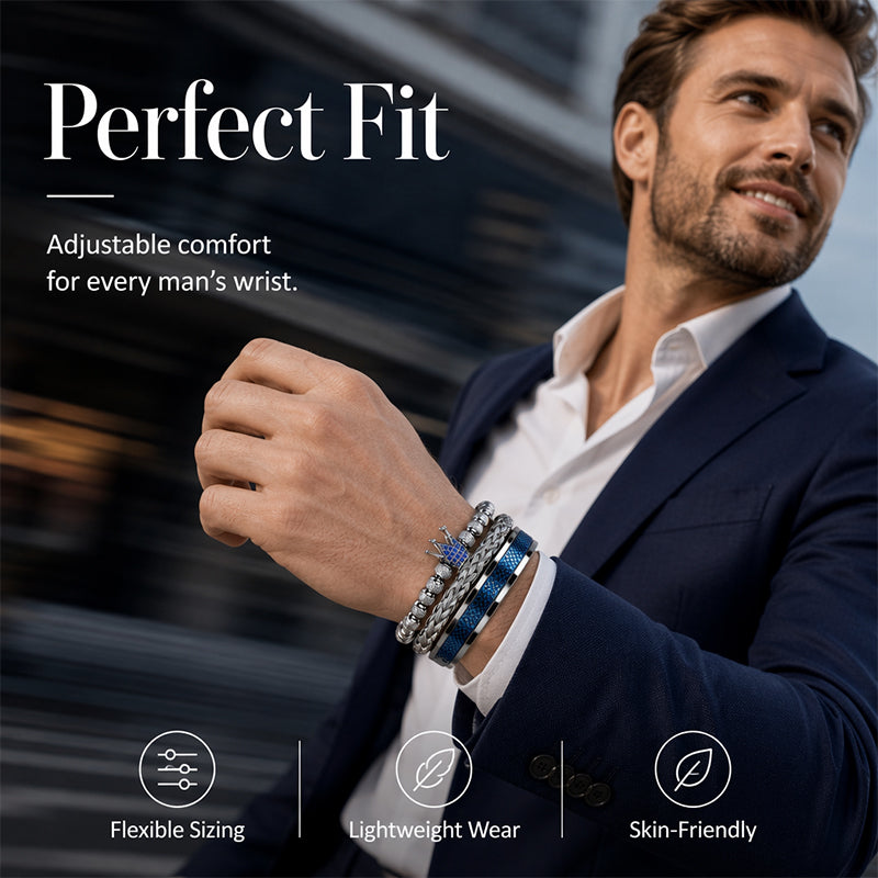 👑 50% DE RÉDUCTION ! 💎 Coffret 3 Bracelets Homme Design Couronne – Acier Inoxydable & Zircon AAA – PVD & Réglable 17–21 cm for Look Luxueux