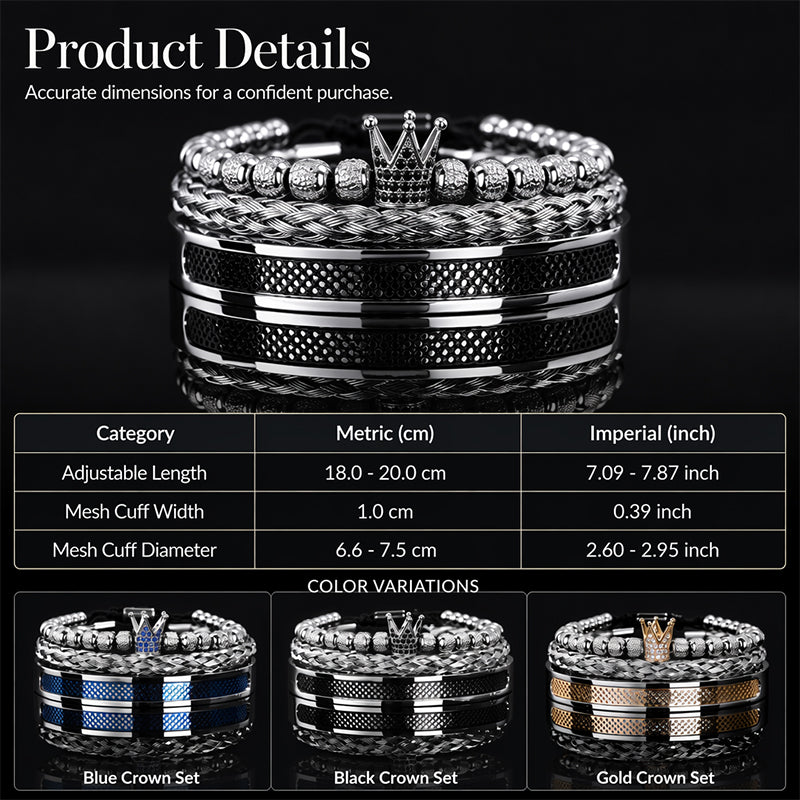 👑 50% DE RÉDUCTION ! 💎 Coffret 3 Bracelets Homme Design Couronne – Acier Inoxydable & Zircon AAA – PVD & Réglable 17–21 cm for Look Luxueux