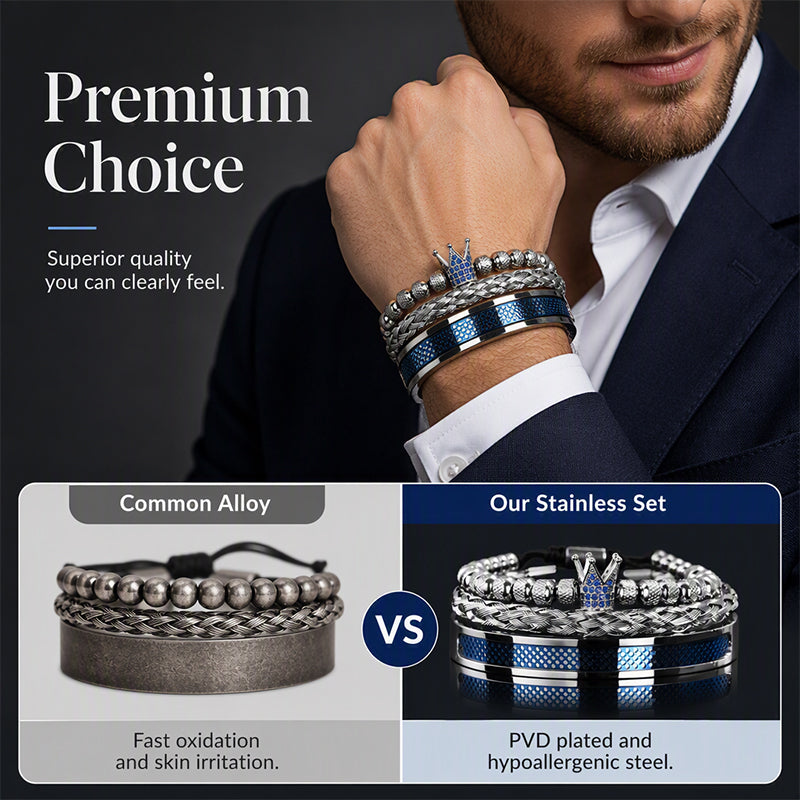 👑 50% DE RÉDUCTION ! 💎 Coffret 3 Bracelets Homme Design Couronne – Acier Inoxydable & Zircon AAA – PVD & Réglable 17–21 cm for Look Luxueux