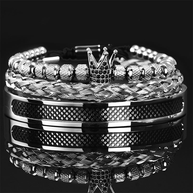 👑 50% DE RÉDUCTION ! 💎 Coffret 3 Bracelets Homme Design Couronne – Acier Inoxydable & Zircon AAA – PVD & Réglable 17–21 cm for Look Luxueux