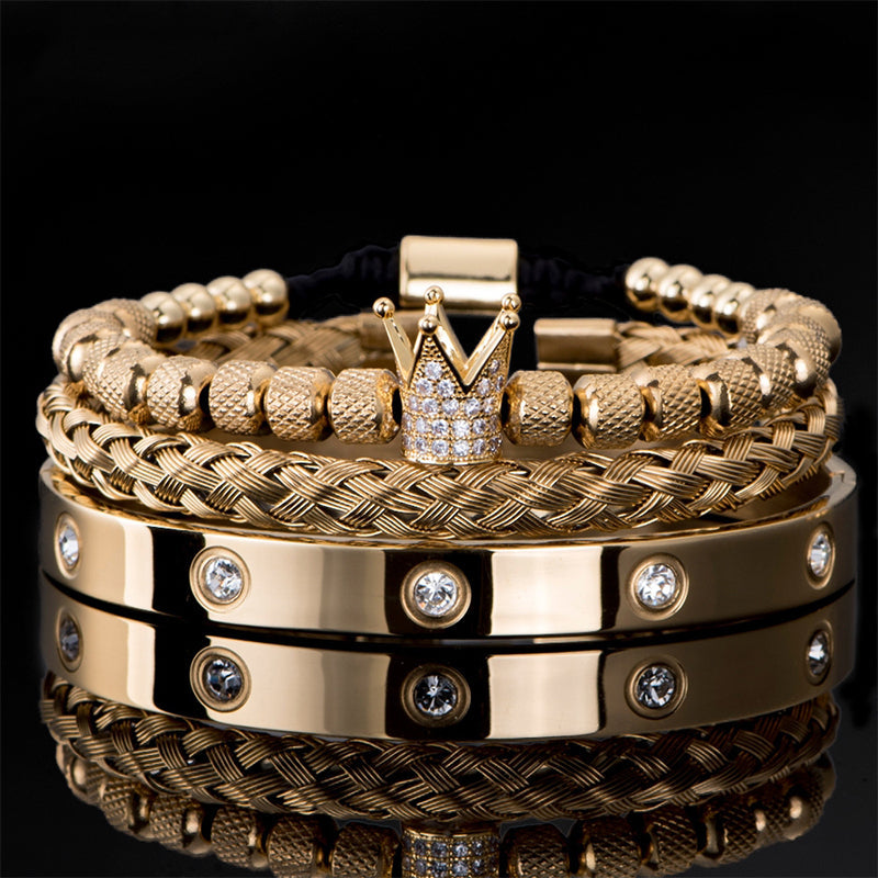👑 50% DE RÉDUCTION ! 💎 Coffret 3 Bracelets Homme Design Couronne – Acier Inoxydable & Zircon AAA – PVD & Réglable 17–21 cm for Look Luxueux