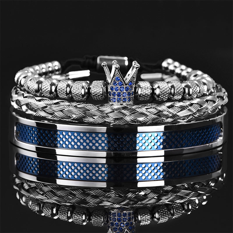👑 50% DE RÉDUCTION ! 💎 Coffret 3 Bracelets Homme Design Couronne – Acier Inoxydable & Zircon AAA – PVD & Réglable 17–21 cm for Look Luxueux