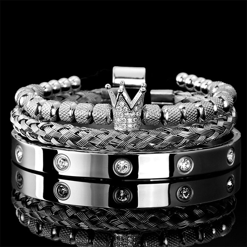 👑 50% DE RÉDUCTION ! 💎 Coffret 3 Bracelets Homme Design Couronne – Acier Inoxydable & Zircon AAA – PVD & Réglable 17–21 cm for Look Luxueux