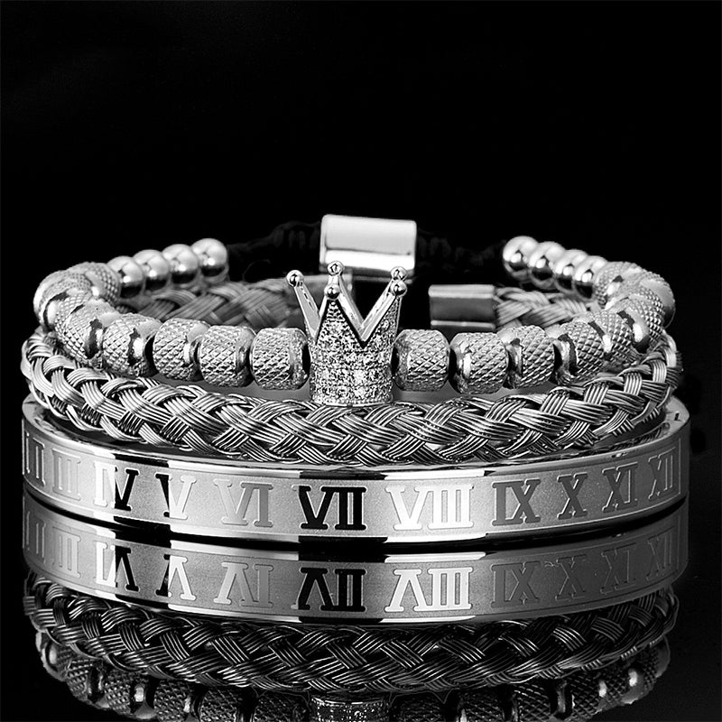 👑 50% DE RÉDUCTION ! 💎 Coffret 3 Bracelets Homme Design Couronne – Acier Inoxydable & Zircon AAA – PVD & Réglable 17–21 cm for Look Luxueux