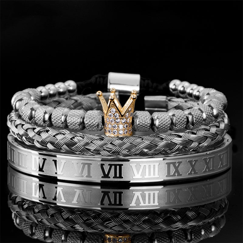 👑 50% DE RÉDUCTION ! 💎 Coffret 3 Bracelets Homme Design Couronne – Acier Inoxydable & Zircon AAA – PVD & Réglable 17–21 cm for Look Luxueux