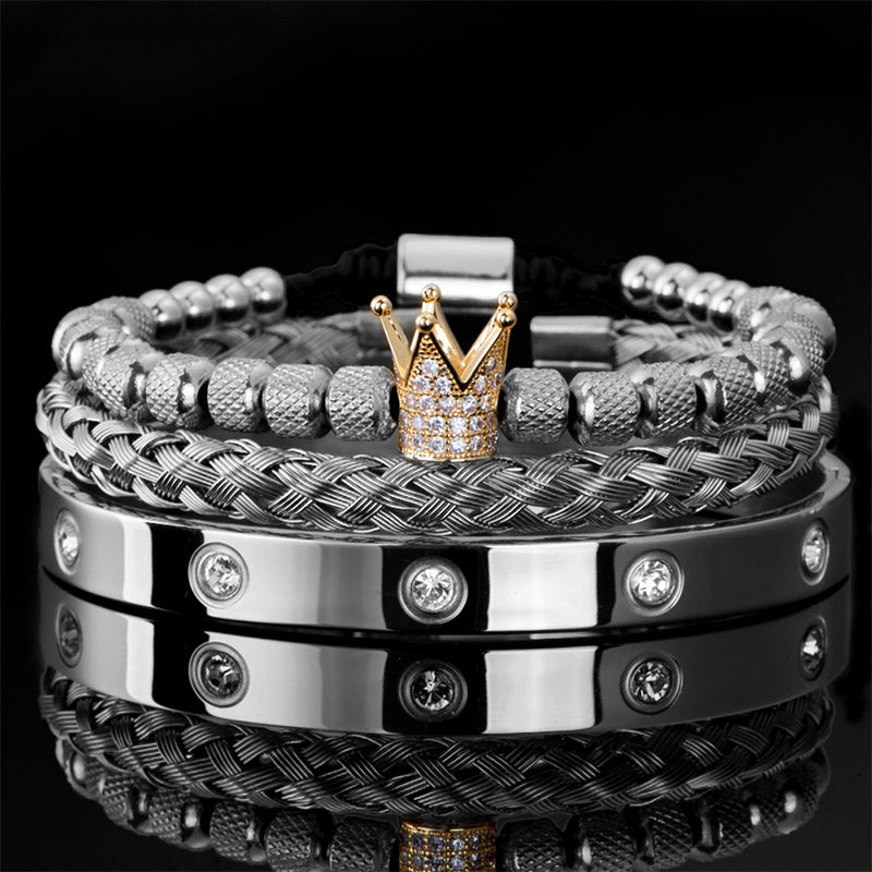 👑 50% DE RÉDUCTION ! 💎 Coffret 3 Bracelets Homme Design Couronne – Acier Inoxydable & Zircon AAA – PVD & Réglable 17–21 cm for Look Luxueux