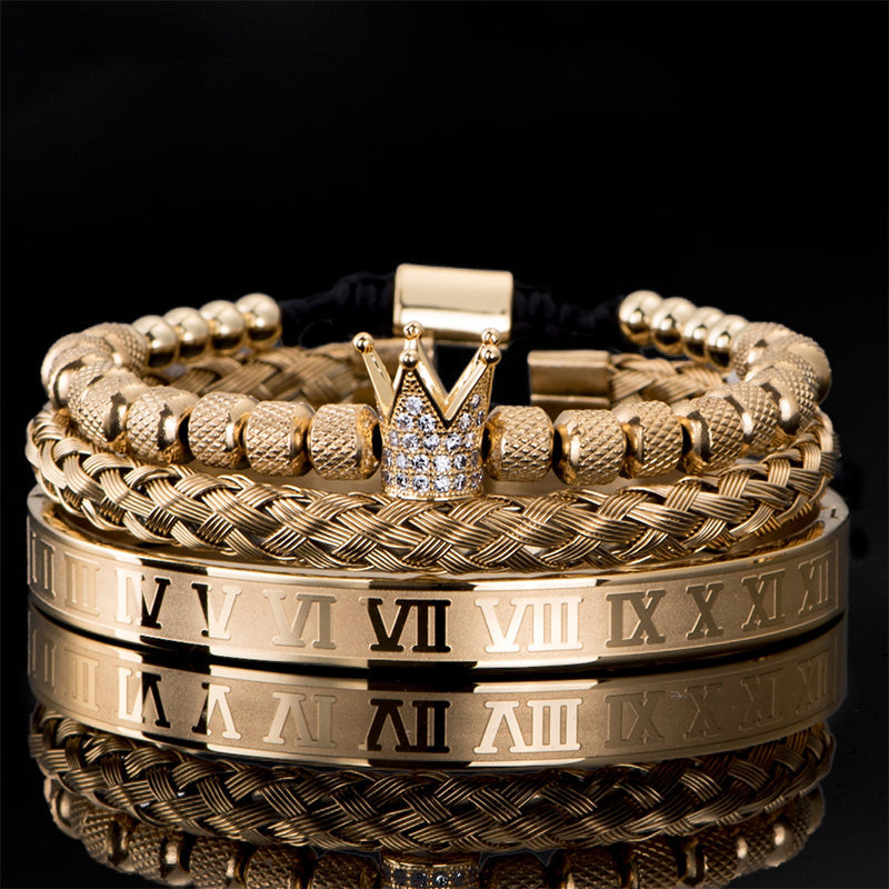 👑 50% DE RÉDUCTION ! 💎 Coffret 3 Bracelets Homme Design Couronne – Acier Inoxydable & Zircon AAA – PVD & Réglable 17–21 cm for Look Luxueux