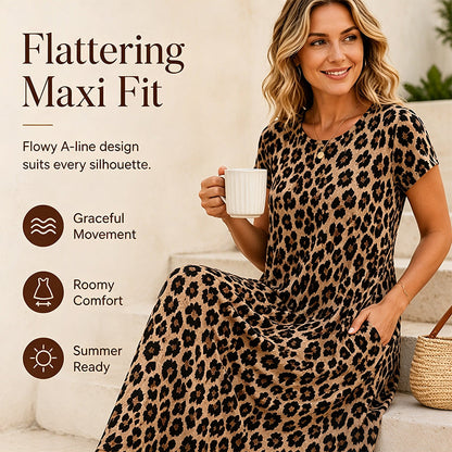 🐆 50 % DE RÉDUCTION ! 👗 Robe longue pour femme à motif léopard avec poches, robe décontractée à manches courtes – Confortable