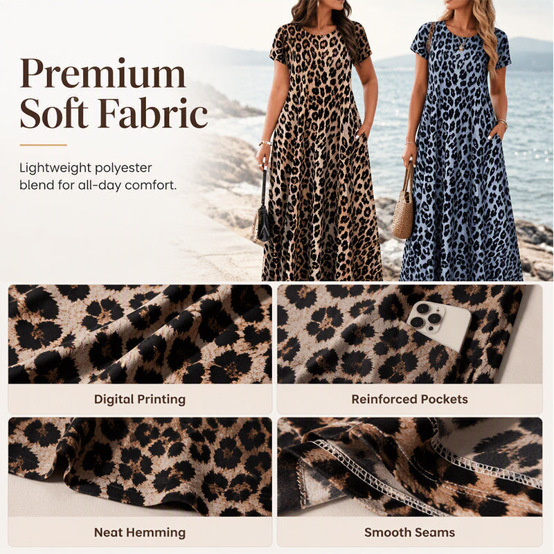 🐆 50 % DE RÉDUCTION ! 👗 Robe longue pour femme à motif léopard avec poches, robe décontractée à manches courtes – Confortable