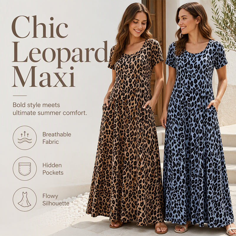 🐆 50 % DE RÉDUCTION ! 👗 Robe longue pour femme à motif léopard avec poches, robe décontractée à manches courtes – Confortable