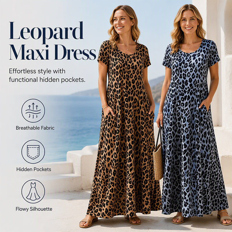 🐆 50 % DE RÉDUCTION ! 👗 Robe longue pour femme à motif léopard avec poches, robe décontractée à manches courtes – Confortable