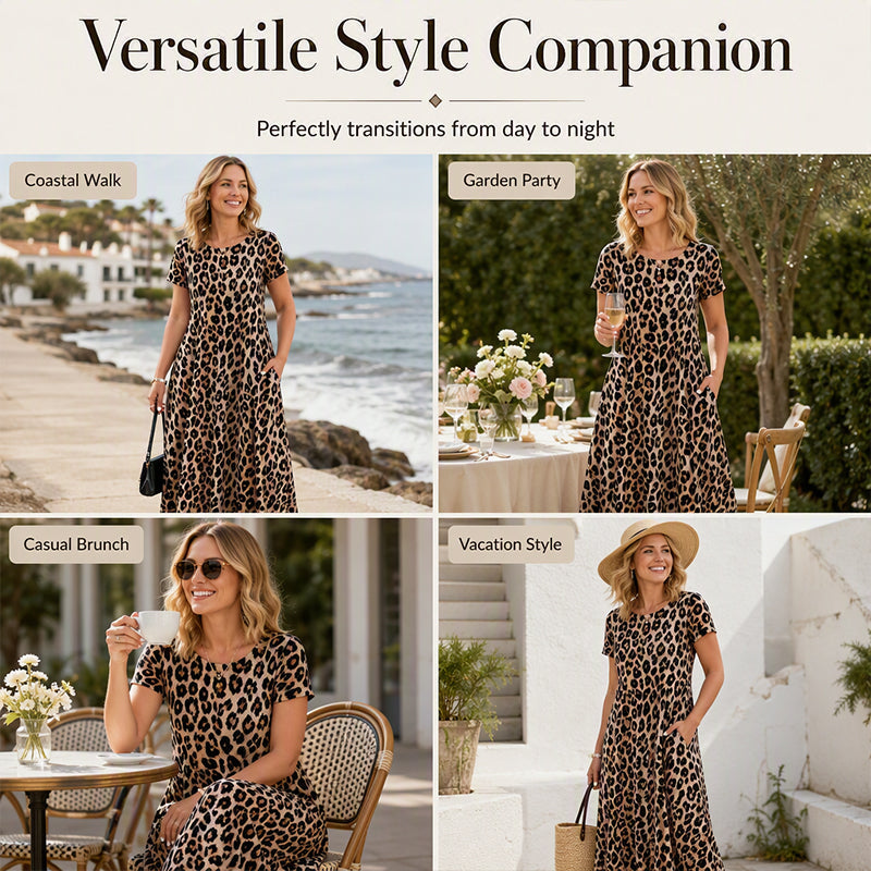 🐆 50 % DE RÉDUCTION ! 👗 Robe longue pour femme à motif léopard avec poches, robe décontractée à manches courtes – Confortable