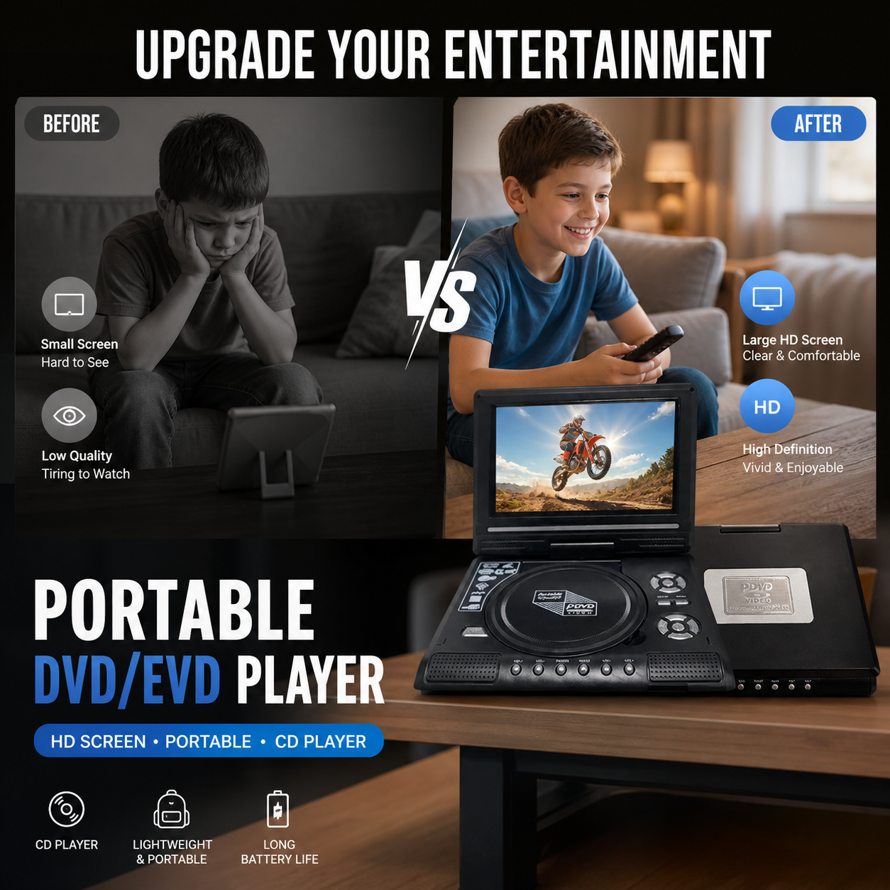 📺 50 % DE RÉDUCTION !!! 💿 Lecteur DVD/EVD portable HD 7,8 pouces – Grand écran, rechargeable et compatible DVD/CD/USB/SD