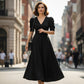 Robe élégante à col en V et taille haute avec manches bouffantes
